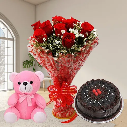 Shop for Roses Bunch with Eggless Chocolate Cake N Teddy