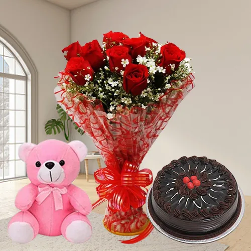 Shop for Roses Bunch with Eggless Chocolate Cake N Teddy 