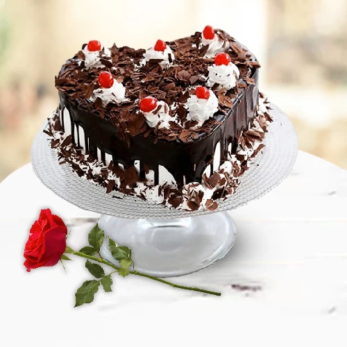 Deliver Heart-Shaped Black Forest Cake with Single Rose