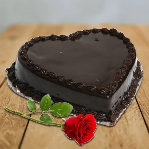 Red Rose with Heart Shaped Chocolate Cake