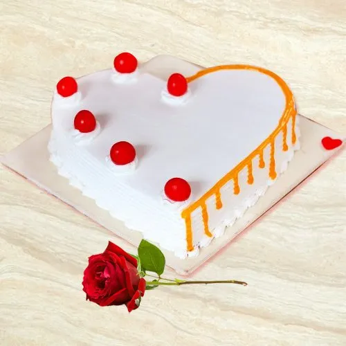 Tasty Heart Shaped Vanilla Cake with Single Rose
