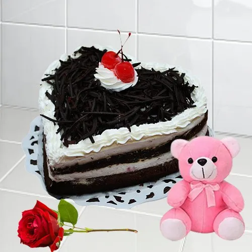 Order Black Forest Cake in Heart Shape with Teddy N Single Rose