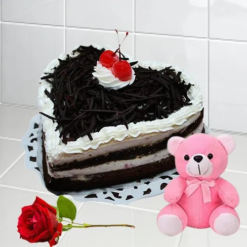 Order Black Forest Cake in Heart Shape with Teddy N Single Rose 