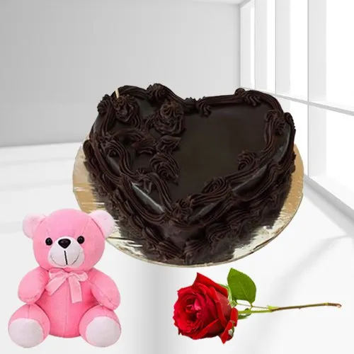 Deliver Heart Shaped Chocolate Cake with Teddy N Rose 