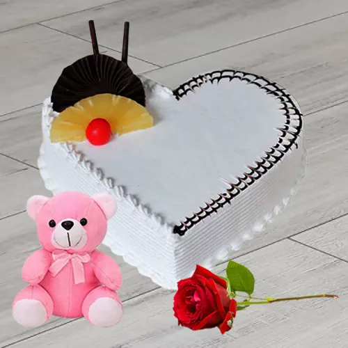 Send Heart Shaped Vanilla Cake with Teddy N Rose 