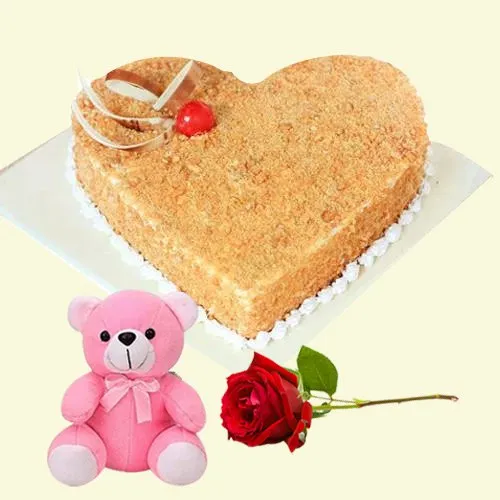 Order Butter Scotch Cake in Heart Shape with Teddy N Rose