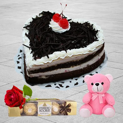 Buy Black Forest Cake with Red Rose, Ferrero Rocher N Teddy 