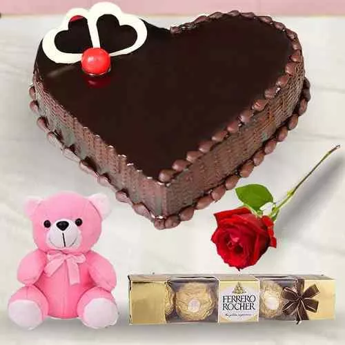 Order Chocolate Cake with Teddy, Single Rose N Ferrero Rocher
