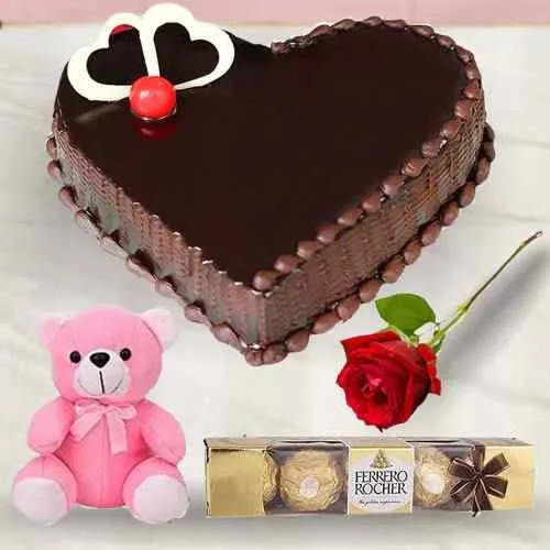 Order Chocolate Cake with Teddy, Single Rose N Ferrero Rocher 