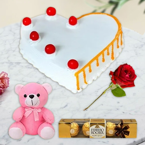Teddy with Vanilla Cake Red Rose N Ferrero Rocher