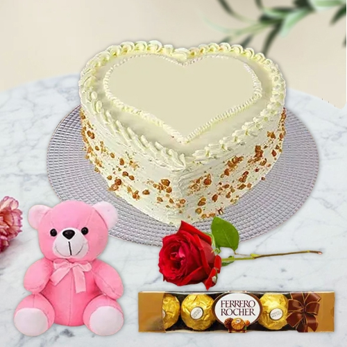 Get Butter Scotch Cake with Red Rose, Ferrero Rocher N Teddy