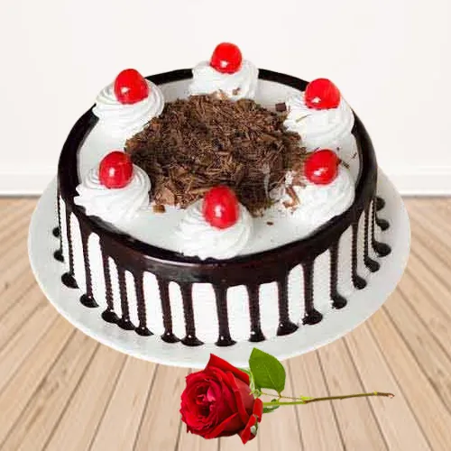 Gift Eggless Black Forest Cake with Single Rose
