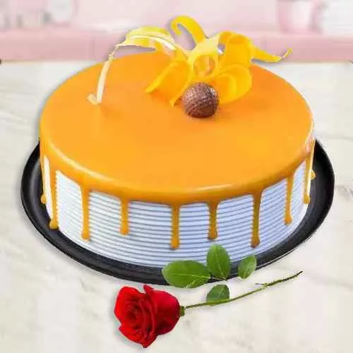 Send Eggless Butter Scotch Cake with Single Rose