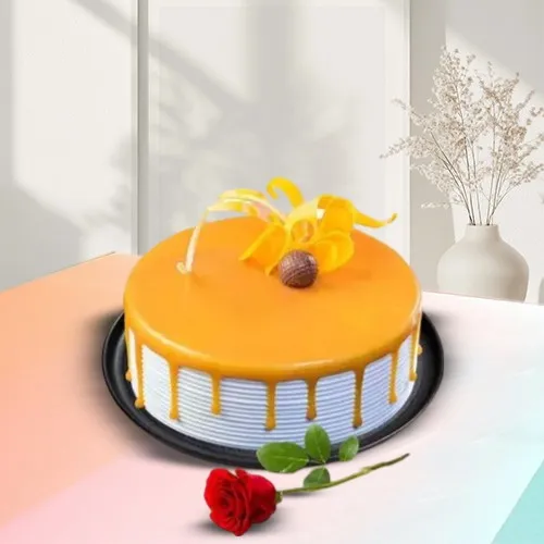 Yummy Butterscotch Eggless Cake with Single Rose