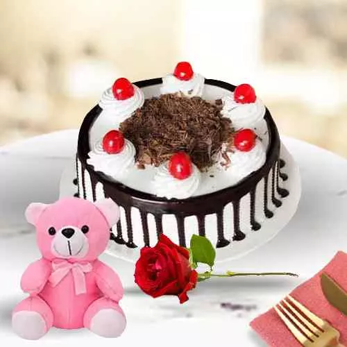 Online Eggless Black Forest Cake with Teddy N Rose