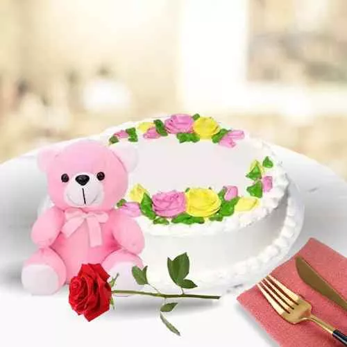 Order Eggless Vanilla Cake with Rose N Teddy 