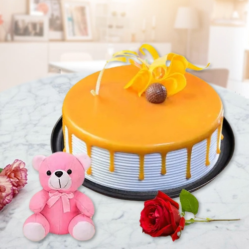 Order Eggless Butter Scotch Cake with Teddy N Rose