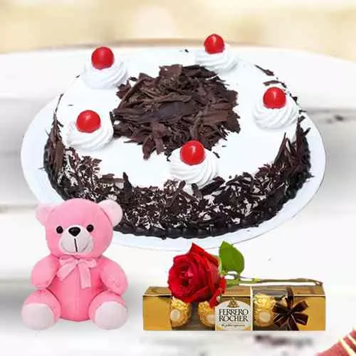 Order Eggless Black Forest Cake with Rose, Teddy N Ferrero Rocher