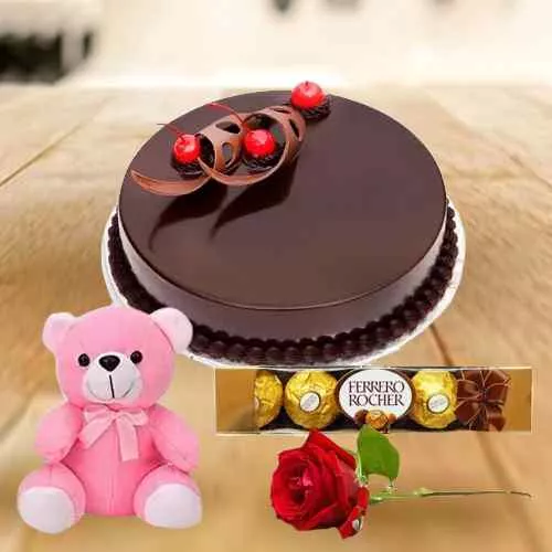 Order Eggless Chocolate Cake with Rose, Teddy N Ferrero Rocher