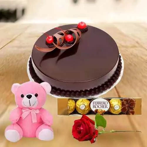 Yummy Eggless Chocolate Cake with Rose Teddy N Ferrero Rocher