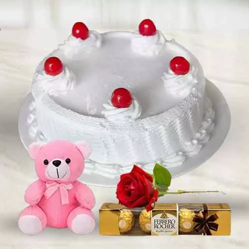 Deliver Eggless Vanilla Cake with Rose, Teddy N Ferrero Rocher 