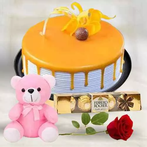 Delectable Eggless Butterscotch Cake with Rose Teddy N Ferrero Rocher