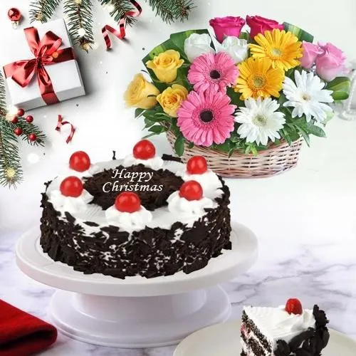 Delightful Black Forest Cake N Flower Basket Xmas Combo