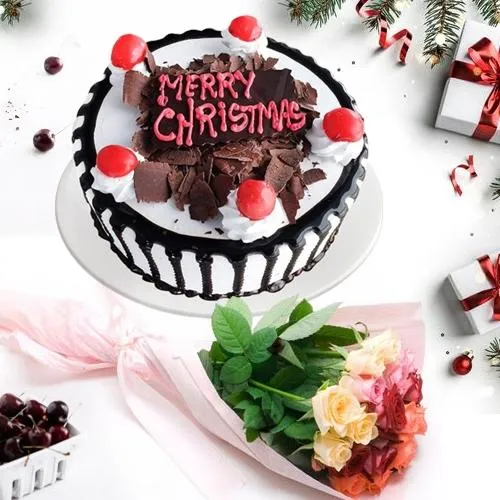Lip-Smacking Black Forest Cake with Mixed Rose Arrangement