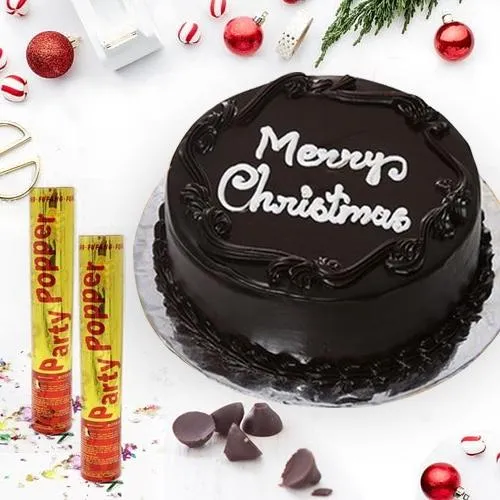 Enjoyable Merry-Christmas Chocolate Cake with Party Poppers