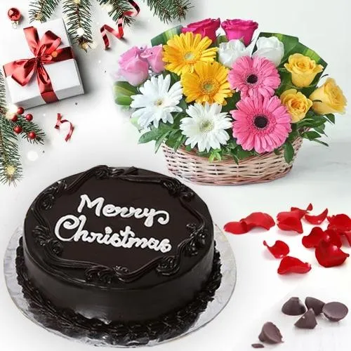 Signature Merry-Xmas Chocolate Cake with Mixed Floral Basket