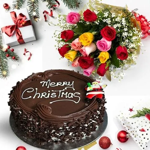 Lovely Selection of Mixed Roses with Merry-Xmas Chocolate Cake
