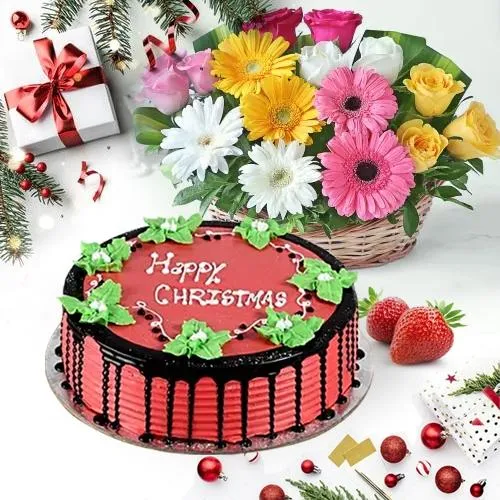 Cheerful Flower Basket with Yummy Strawberry Cake XMas Gift
