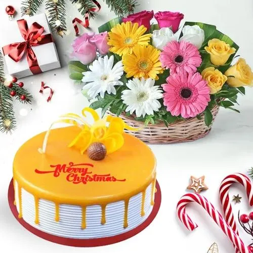 Classic Combo of Butterscotch Cake with Floral Basket