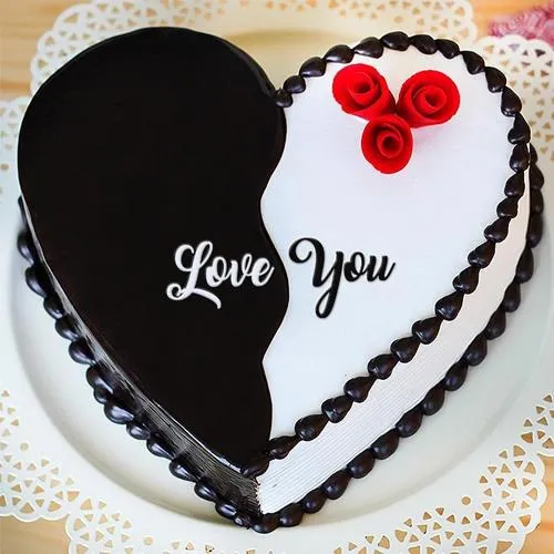 Sweet Propose Day Gift of Heart Shape Vanilla-Chocolate Fusion Cake