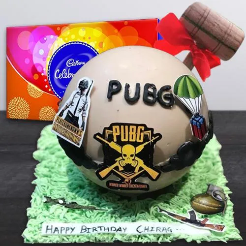 Amusing PUBG Styled Piata Cake with Hammer n Cadbury Celebrations Pack