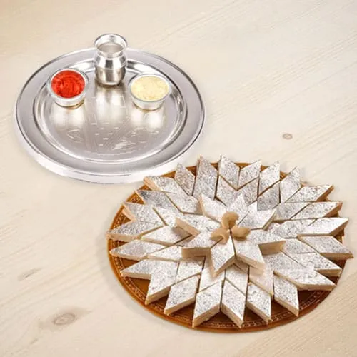 Send Silver Plated Thali with Haldiram Kaju Katli