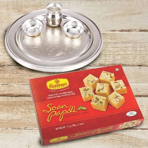 Mouth-Watering Haldiram's Soan Papdi and Silver Plated Puja Thali of 5-6 inch