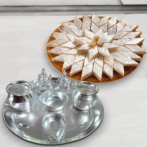 Silver plated Puja Thali with Silver Plated Lakshmi Ganesha with Haldiram’s Kaju Katli