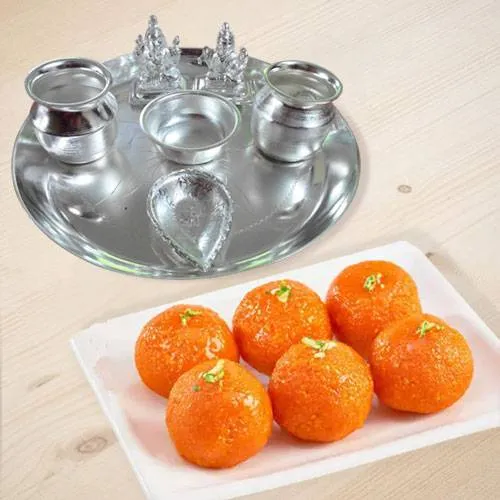 Silver plated Puja Thali with Silver Plated Lakshmi Ganesha with Haldirams Pure Ghee Ladoo
