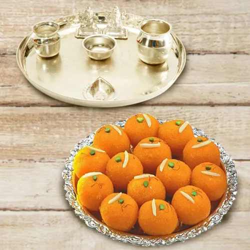 Deliver Silver plated Puja Thali with Lakshmi Ganesha N Ghee Ladoo