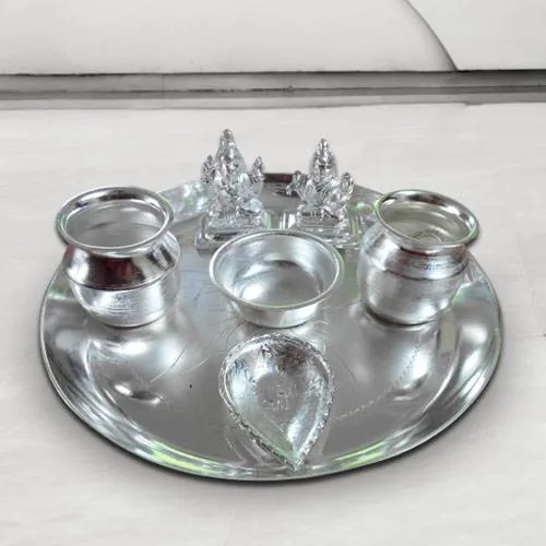 Marvelous Silver Plated Puja Thali with Silver Plated Lakshmi Ganesha