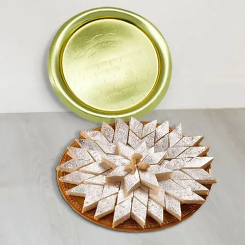 Sending Kaju Katli with Golden Plated Thali Online 