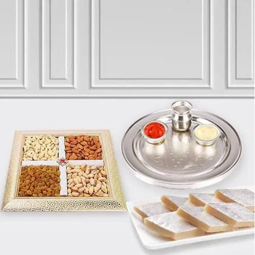 Special Silver Plated Puja Thali with Assorted Dry Fruits and Haldiram Kaju Katli