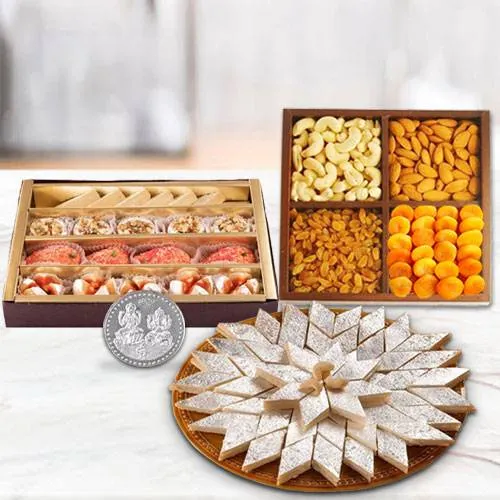 Dry Fruits with Assorted Sweets with free silver plated coin for Diwali 