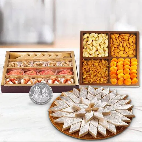 Dry Fruits with Assorted Sweets with free silver plated coin for Diwali