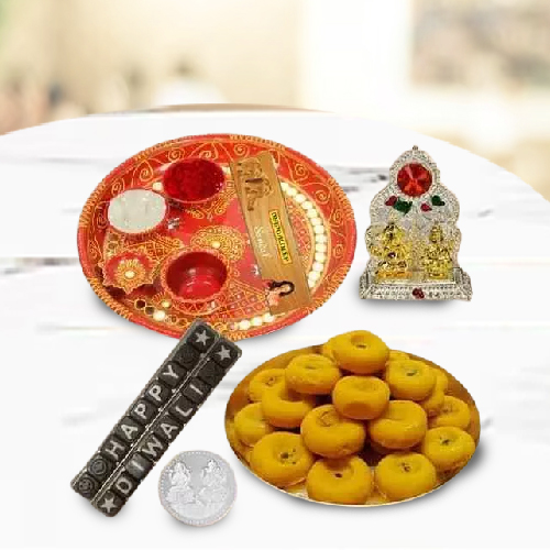 Pooja Samagri Hamper with Peda and Chocolate with free silver plated coin for Diwali.