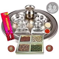 Order Silver Plated Laxmi Puja Hamper with Dry Fruits