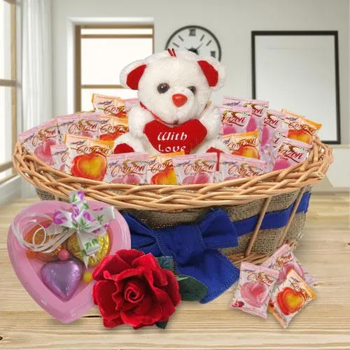 Spectacular Combo of Teddy and Chocolates with 1 Velvet Rose and 3 pcs Heart Homemade Chocolate