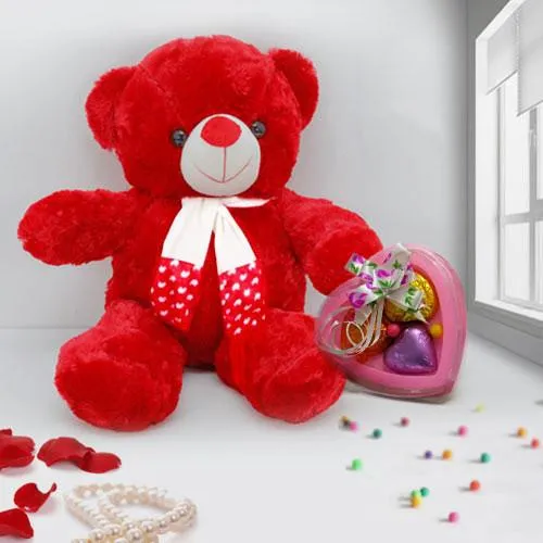 Cute Soft N Cuddle Red Teddy with Heart Shape Chocolates