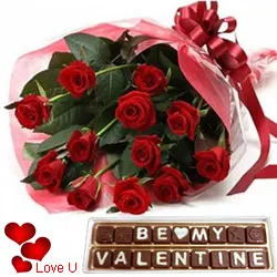 Captivating Valentine Gift of Red Roses Bouquet with Be My Valentine Hand Made Chocolates